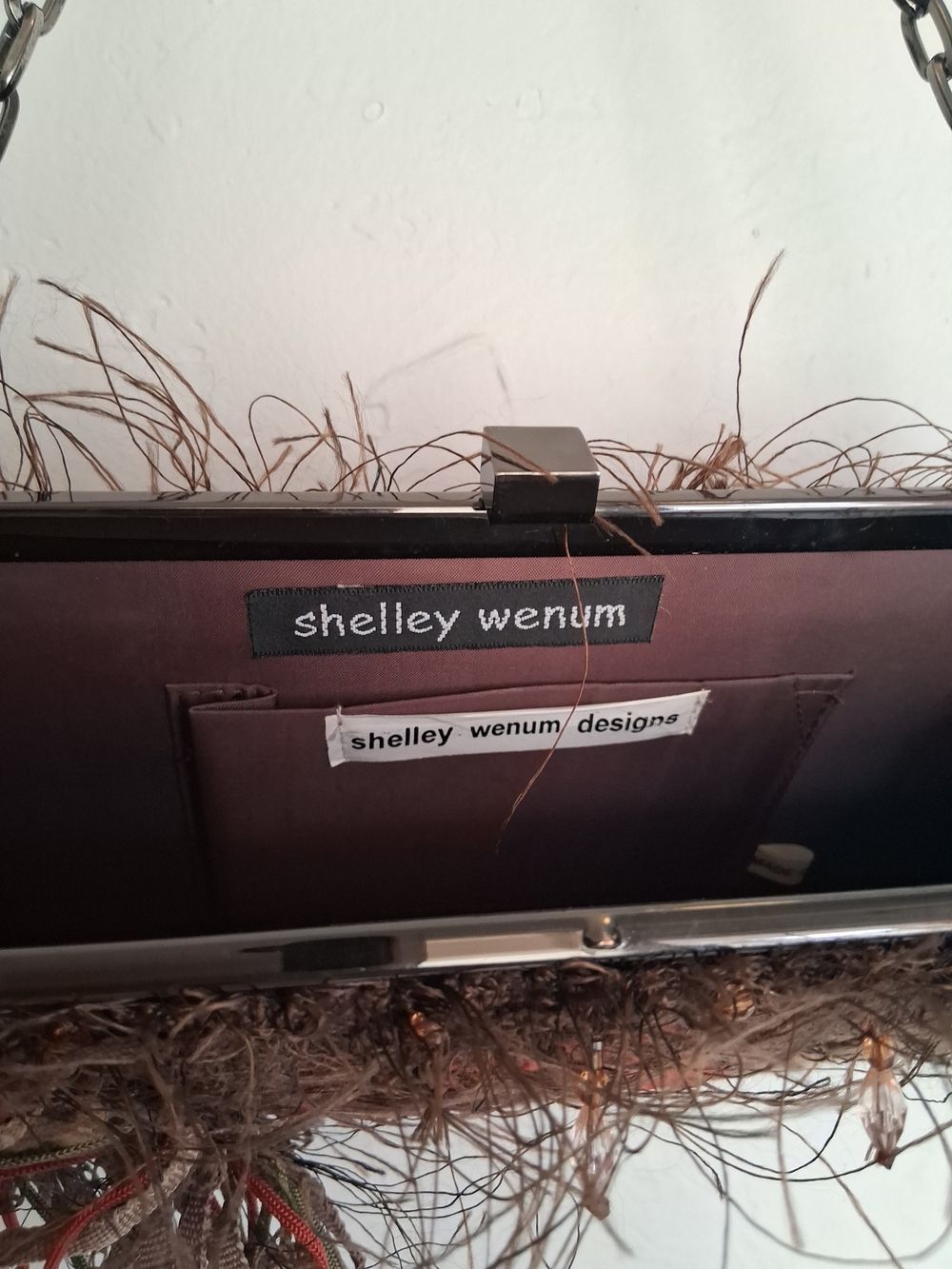 Shelley Wenum Designs Y2K Boho Tapestry Feather Trim Chain Shoulder Bag Purse - Picture 3 of 5